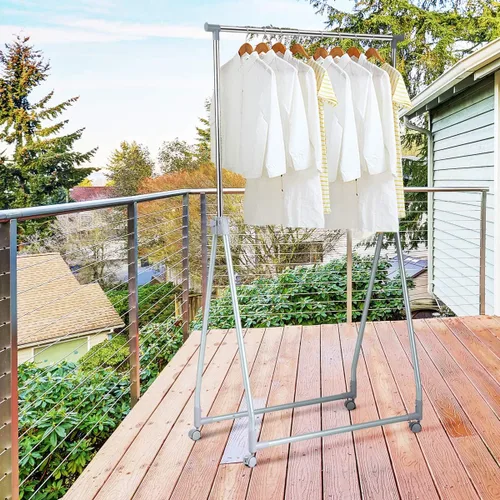 Miniatura 3 de Tangkula Perchero extensible para ropa, resistente y plegable con barra para colgar ajustable, colgador de ropa rodante para oficina en casa