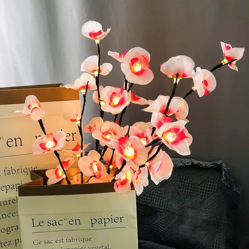 Miniatura 5 de Phalaenopsis - Paquete de 2 lámparas LED de rama de orquídea, ramo de orquídeas artificiales de mariposa, funciona con pilas, para decoración