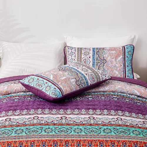 Miniatura 6 de WONGS BEDDING Juego de Colcha Morada Tamaño King, Juego de Colchas Bohemias a Rayas de 3 Piezas, Colcha Ligera de Microfibra para Todas las Púrpura