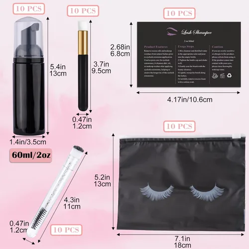 Miniatura 2 de Kit de limpieza de extensiones de pestañas para clientes, 10 cepillos de pestañas, 10 cepillos de limpieza de pestañas con tubos, 10 botellas