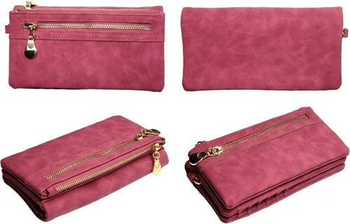 Miniatura 3 de Aslana Cartera larga de cuero suave con correa de mano para mujer, tarjetero y bolsa de teléfono (fucsia profundo)