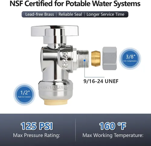 Miniatura 2 de Válvula de Parada Angular WiseWater 1/2" FNPT x 3/8" OD de Compresión, Válvula de Cierre de Inodoro de Cuarto de Vuelta de Latón Cromado para Baño