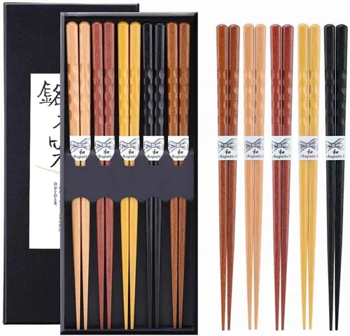 Miniatura 10 de MFJUNS Juego de 5 pares de palillos de madera, palillos reutilizables grabados con panda, palillos de palisandro/wengué/haya/madera de hierro, sin