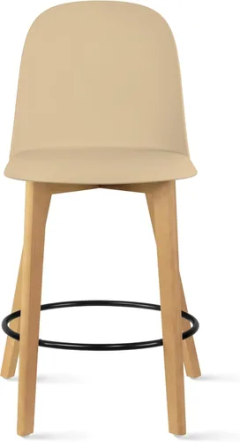 Miniatura 5 de 2xhome Juego de 2 taburetes de bar de altura de mostrador Asiento de plástico moldeado moderno de mediados de siglo Patas de madera maciza