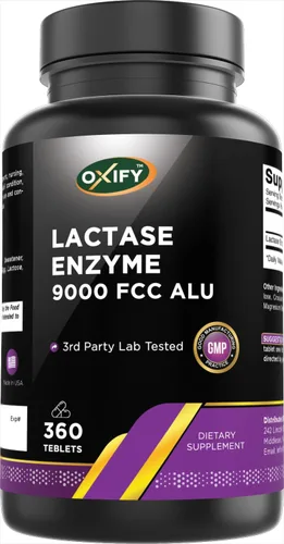 Oxify Lactase Enzyme 9000 FCC ALU | 360 tabletas | Sin gluten, sin OMG | Suplemento fabricado en Estados Unidos