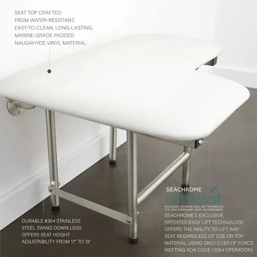 Miniatura 8 de Asiento de ducha plegable para diestros de 32 x 22.5 pulgadas, para montaje en pared, acolchado blanco, con patas, cumple con ADA