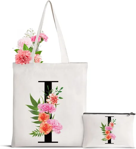 Miniatura 26 de Bolsa de lona con letra inicial personalizada, regalo para el día de la madre, damas de honor, novia, cumpleaños, boda Flower-D