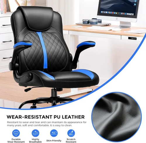 Miniatura 8 de COMHOMA Silla ergonómica para juegos de oficina para adultos, con soporte lumbar, brazos abatibles, altura ajustable, ruedas giratorias de piel Azul