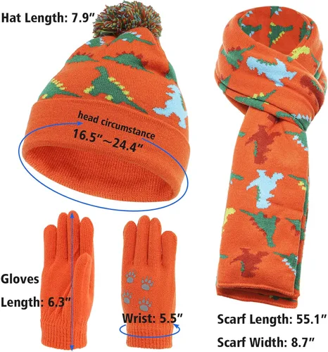 Miniatura 5 de Conjunto de 3 piezas de gorro de invierno para niños, bufanda y dinosaurio, pompón, gorro de punto, cálido