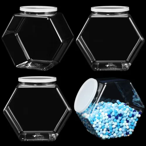 Miniatura 8 de EBOOT 4 tarros de plástico de 29 onzas para galletas de caramelo para encimera de cocina, tarro hexagonal con tapa, recipientes transparentes