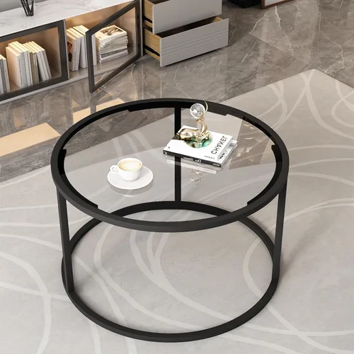 Miniatura 5 de Mesa de café redonda, pequeña mesa de café negra para sala de estar, mesa central moderna de 27" con tapa de vidrio transparente y marco de metal