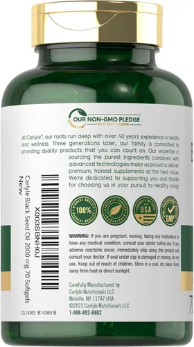 Miniatura 3 de Carlyle - Cápsulas de Aceite de Semilla Negra en Gel 2000mg 70 Píldoras para Mujeres y Hombres Suplemento Herbal sin OMG y sin Gluten