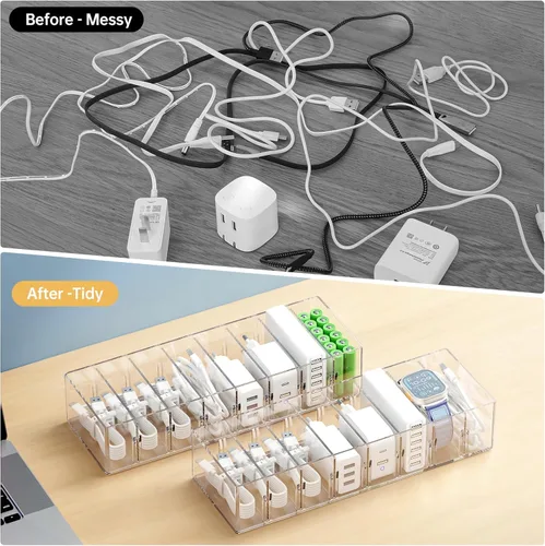 Miniatura 5 de FRETONBA Paquete de 2 Cajas Organizadoras de Almacenamiento de Cables con 8 Compartimentos y 14 Sujetadores de Alambre, Organizador de Cargadores
