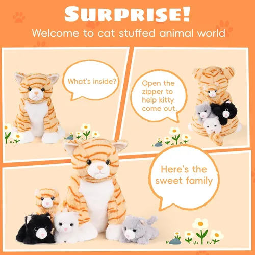Miniatura 3 de 5 piezas de animales de peluche de gato con bebés, 12 pulgadas, mamá de peluche con 4 gatitos dentro del vientre, peluche de gato atigrado naranja