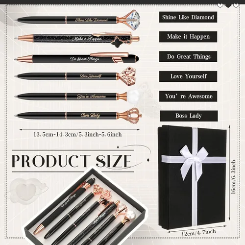 Miniatura 2 de Qeeenar 6 bolígrafos elegantes para mujer, bolígrafo de diamantes de cristal para diario, bonito bolígrafo con purpurina con caja, regalos Negro