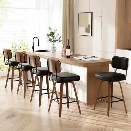 Miniatura 52 de Juego de 1 taburete de bar giratorio, taburetes de bar tapizados de 26" de altura para encimera con respaldo de nogal y patas de madera curvada