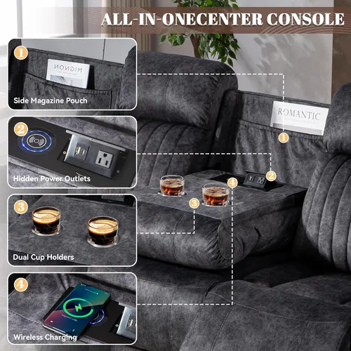 Miniatura 5 de Sofá biplaza reclinable eléctrico Zero Gravity con reposacabezas ajustables, sillón reclinable eléctrico con consola, sofá reclinable eléctrico de 2