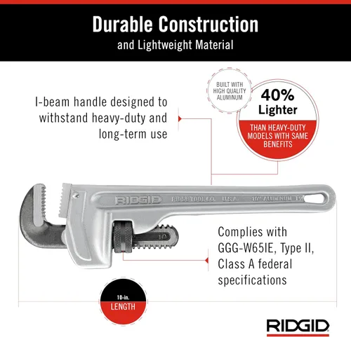 Miniatura 5 de RIDGID 31090 Llave de tubo recto de aluminio, llave de fontanería resistente de 10 pulgadas con hilos autolimpiantes y mordazas de gancho