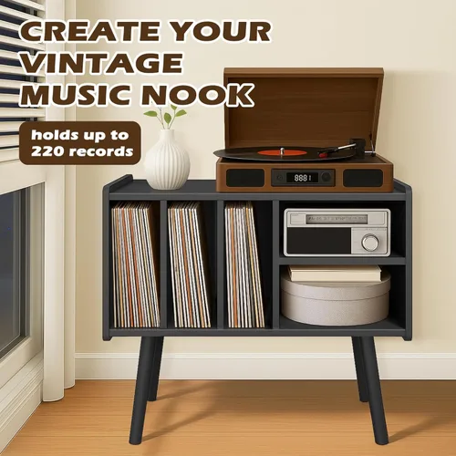 Miniatura 3 de Montex Record Player Stand with Vinyl Storage, Wooden Record Player Table with 5 Cabinet, Large Vinyl Record Player Stand, Record Player Holder