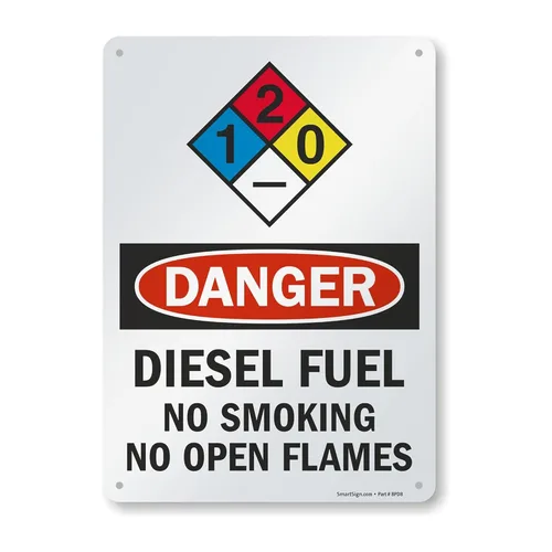 Señales de seguridad SmartSign. Mensajes: "Danger: Diesel Fuel No Smoking No Open Flames", letras negras o rojas sobre fondo blanco., 1