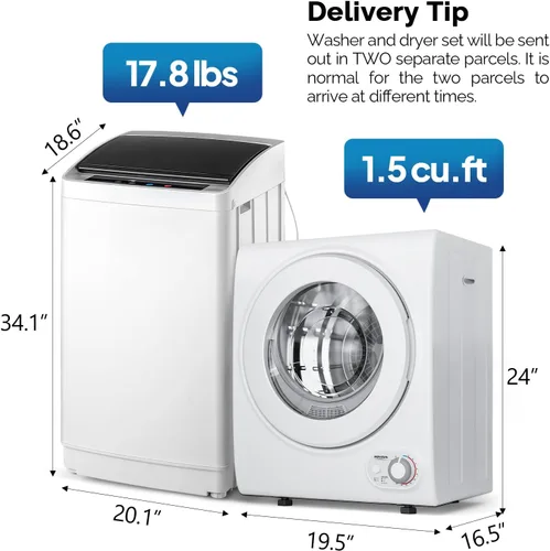 Miniatura 3 de ROVSUN Juego de lavadora completamente automática de 17.8 libras y secadora de ropa portátil de 1.5 pies cúbicos, juego combinado de lavadora