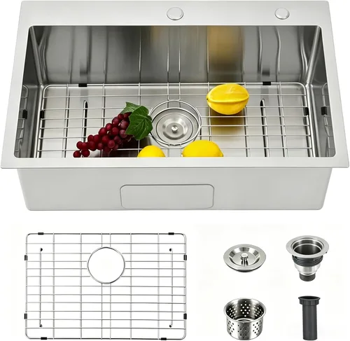 VAPSINT Fregadero Fregadero Fregadero de cocina de 28 pulgadas con caída en la parte superior, 28 x 18 pulgadas, montaje superior, calibre 16,
