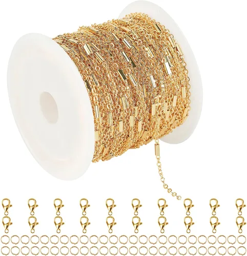 Miniatura 16 de Cadena de latón chapada en oro de 18 quilates de 5 metros/16.4 pies para hacer joyas, cadena de cuentas de oro claro para mujeres, cadena de Cuentas