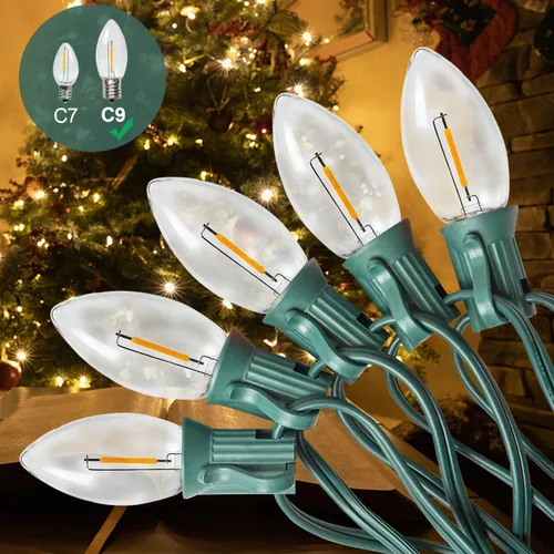 Luces de Navidad C9 para exteriores, 50 pies, impermeables, color blanco cálido, 2700 K, tira de luces LED para techo, árbol de Navidad, patio,