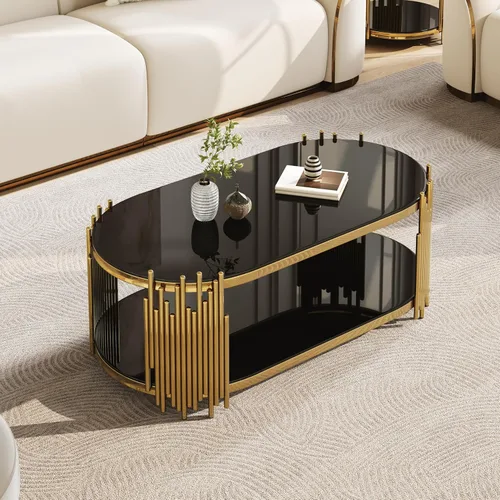 Miniatura 3 de 2-Tier Gold Glass Coffee Table, Modern Oval Coffee Table with Clear Tempered Black Shelves and Stainless Steel Frame, Luxury Center Tables for