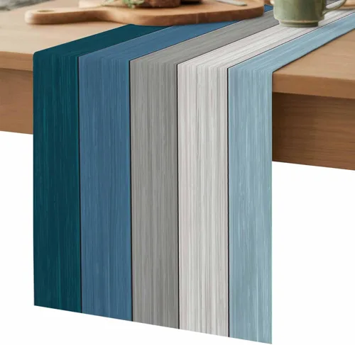 Miniatura 9 de Ocean Hues Farmhouse - Camino de mesa de lino y algodón, estilo retro, con textura de madera de granero rústica, degradado, azul, gris, Azul