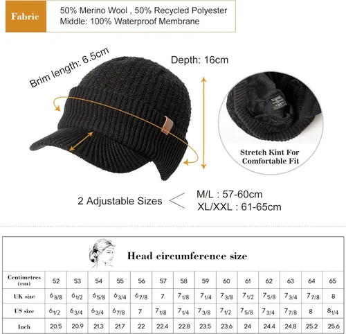 Miniatura 3 de LXLXXL 50% lana merinolana impermeable todo tipo de clima gorro forro polar