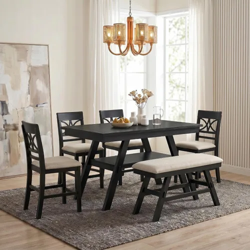 Miniatura 27 de Juego de mesa de comedor compacto de 6 piezas, juego de mesa de comedor de cocina de madera maciza con 4 sillas ergonómicas acolchadas y banco, mesa