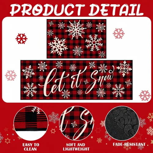 Miniatura 5 de Ceenna Tapete decorativo de invierno para cocina, 2 unidades, con diseño de nieve Let It Snow, lavable, antideslizante, tapete rojo y negro a