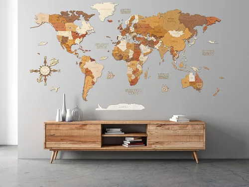 Miniatura 15 de Decoración de pared de mapa del mundo de madera, multicapa, madera teñida multicolor, nombres grabados, diseño 3D único, para cocina, oficina