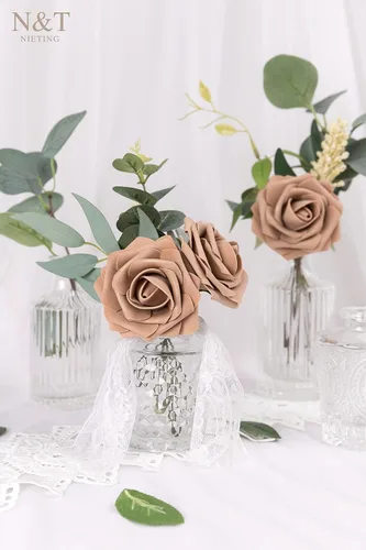Miniatura 528 de N&T NIETING Flores artificiales, rosas artificiales de color rosa intenso, 50 piezas de flores falsas con tallo para ramos de boda DIY, centros