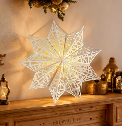 Miniatura 9 de 10 piezas de linternas de copo de nieve de papel de Navidad, grandes linternas de papel de estrella de Navidad con luces LED, adornos blancos