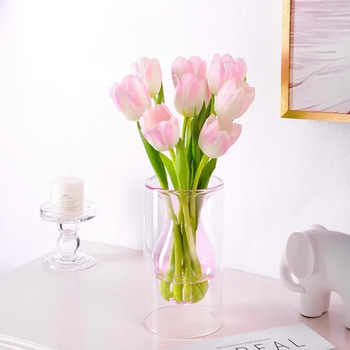 Miniatura 5 de ZENS Florero Pequeño de Flor Rosa Único, Florero de Vidrio Transparente Flotante Doble Hueco, Moderno Jarrón Decorativo Soplado a Mano Fresco