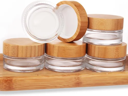 Miniatura 2 de COSIDEA 5 tarros vacíos de vidrio transparente redondos de 1 onza/1.06 oz con tapas de bambú, tarro de crema de bambú, recipientes de viaje