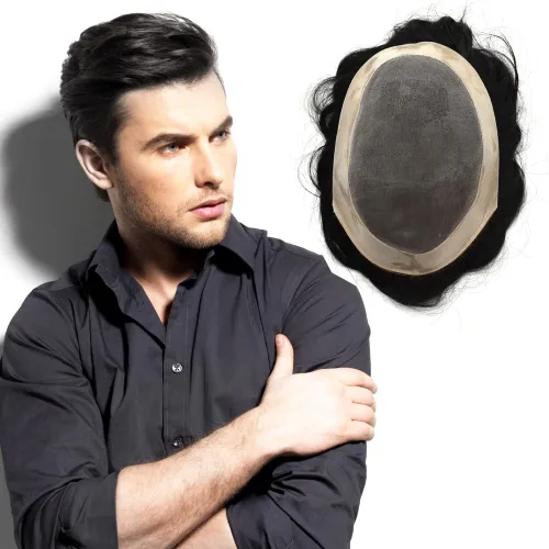 Miniatura 13 de Toupee para hombres sistemas de reemplazo de piezas de cabello humano real, duradero, fino, mono para hombre, tupé, sistema de cabello para hombre