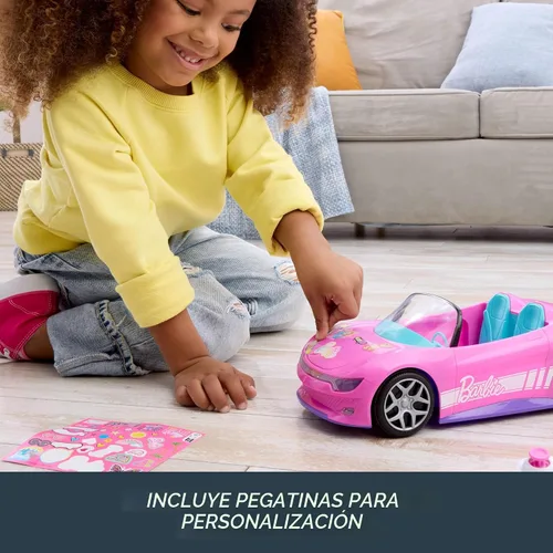 Miniatura 3 de Hot Wheels Barbie - Coche de juguete a control remoto rosa convertible, puede contener 2 muñecas de moda Barbie y se abre para almacenamiento, hoja
