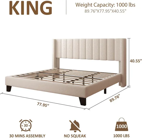 Miniatura 2 de Base de cama King con cabecero tapizado, base de cama con cabecera de terciopelo de peluche, soporte de listones de madera, diseño de borde de ala
