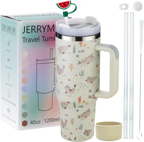 Miniatura 13 de Vaso de 40 onzas con asa y tapa con popote, Vasos aislados de acero inoxidable de pared doble con sello al vacío, Taza de viaje para bebidas frías