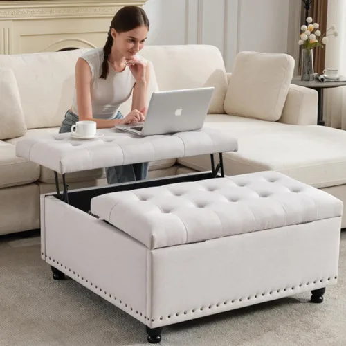 Miniatura 14 de Tbfit Banco otomano de almacenamiento cuadrado grande, mesa de centro otomana tapizada con tapa de elevación y patas de madera maciza, caja de Marrón