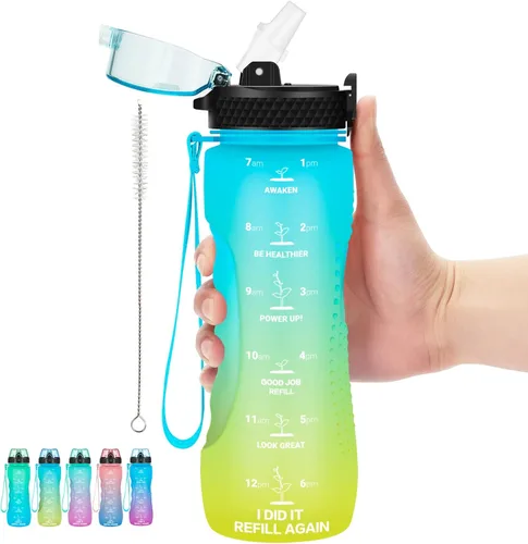 Miniatura 15 de Botella de agua motivacional para niños de 24 onzas con marcador de tiempo, tapa de pajilla, a prueba de fugas, botella de agua deportiva Tritan sin
