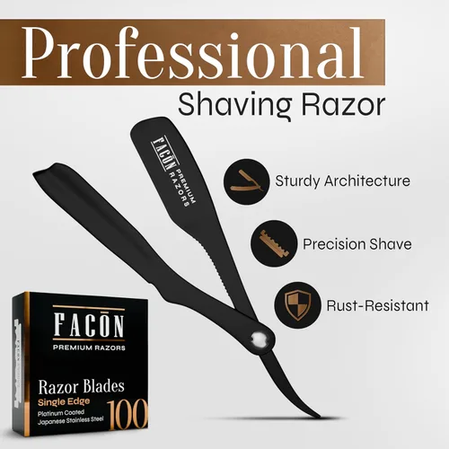 Miniatura 2 de Facón - Maquinilla de afeitar recta para hombre, kit profesional de afeitar de borde recto con 100 cuchillas, afeitadora barbero japonesa de acero