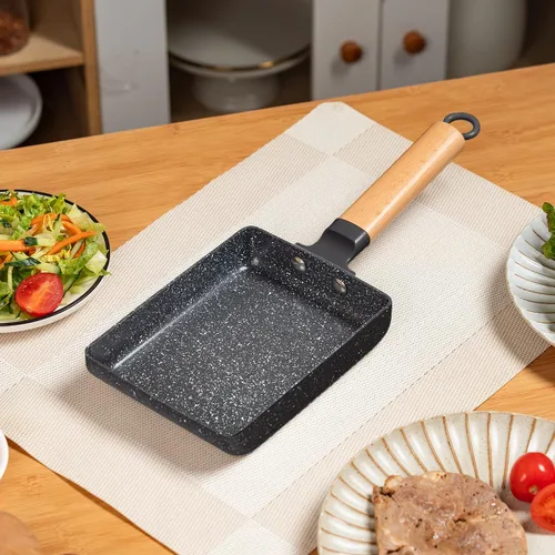 Miniatura 6 de Sartén cuadrada con revestimiento cerámico japonés Tamagoyaki para tortilla, pequeña sartén rectangular antiadherente con asa de madera (Gris oscuro)