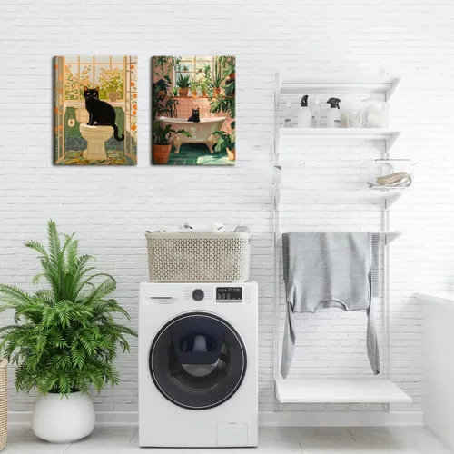Miniatura 6 de Divertido Juego de Arte de Pared de Gato Negro para Baño de 2 Piezas, Pinturas Decorativas de Pared de Gato Negro Ecléctico en Baño, Póster