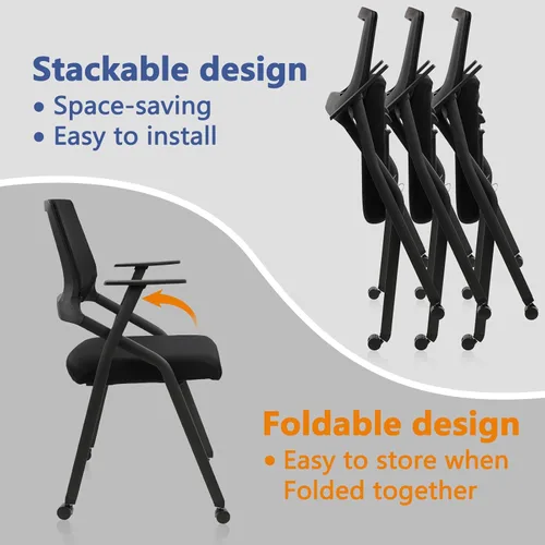 Miniatura 7 de CLATINA Sillas plegables apilables para sala de conferencias con ruedas, silla de escritorio de oficina acolchada portátil con soporte lumbar