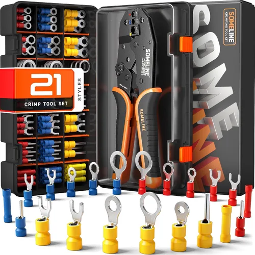 SOMELINE Kit de herramientas de prensado de conectores eléctricos, crimpadora de terminales de trinquete 22-10 AWG, con conectores aislados a tope
