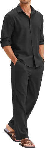 COOFANDY Conjunto de 2 piezas de lino para hombre, camisa de manga larga con botones y pantalones sueltos, conjuntos de vacaciones en la playa